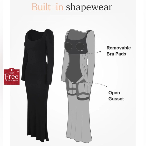 Popilush Shapewear Square Neck Long Sleeve Slimming Modal Maxi Dress in Black M - Picture 2 of 13